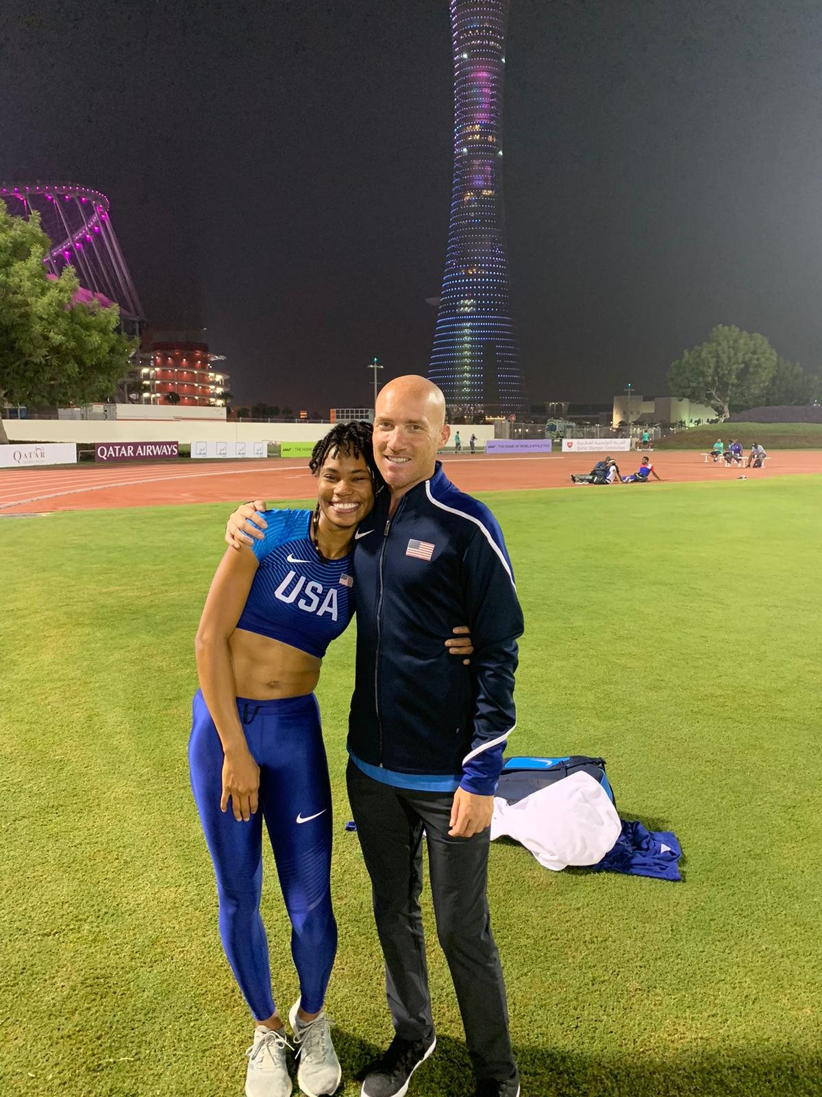 Jeff with a Team USA athlete trackside in Doha
